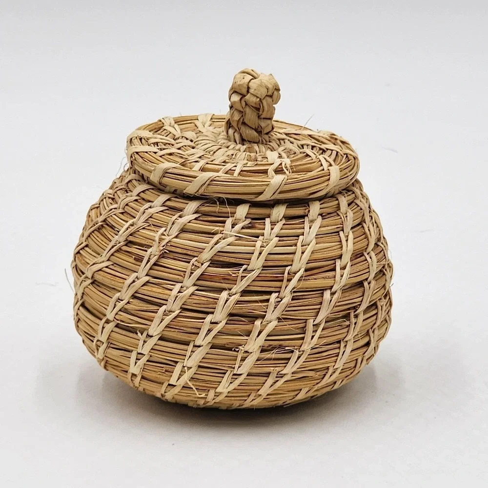 Vintage Tohono O'odham Papago Indian Handwoven Lidded Basket Signed Artisan
